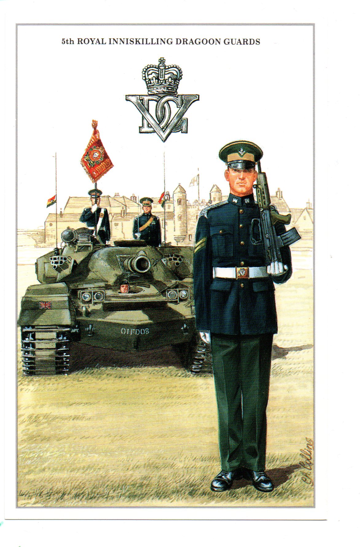 The 5th Royal Inniskilling Dragoon Guards was a cavalry regiment of the British Army formed in 1922 by the amalgamation of the 5th Dragoon Guards (Princess Charlotte of Wales's) and the 6th (Inniskilling) Dragoons. It served in the Second World War and the Korean War. In August 1992, as a consequence of the Options for Change defence cuts, the regiment was amalgamated with the 4th/7th Royal Dragoon Guards to form the Royal Dragoon Guards.