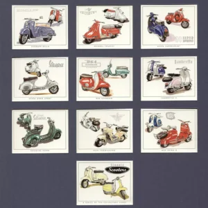 C102 Classic Scooters Motor Cycles Modern Collectors Card Set ( 1. Douglas Vespa 1952, 2. Rumi Formichino 1955, 3. NSU Prima D 1957, 4. Vespa Gran Sport 1958, 5. BSA Sunbeam 1958, 6. Lambretta Li Series 2 1960, 7. Zundapp Bella 1961, 8. Heinkel Tourist 1965, 9. Vespa Supersprint 90 1966. 10. Lambretta TV175. )