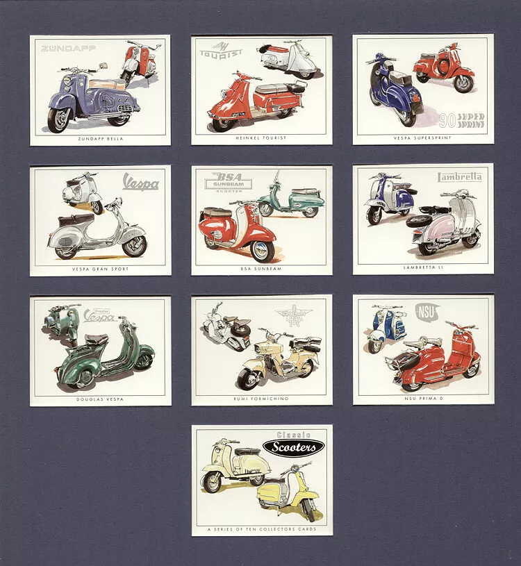 C102 Classic Scooters Motor Cycles Modern Collectors Card Set ( 1. Douglas Vespa 1952, 2. Rumi Formichino 1955, 3. NSU Prima D 1957, 4. Vespa Gran Sport 1958, 5. BSA Sunbeam 1958, 6. Lambretta Li Series 2 1960, 7. Zundapp Bella 1961, 8. Heinkel Tourist 1965, 9. Vespa Supersprint 90 1966. 10. Lambretta TV175. )