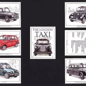 C121 The London Taxi Modern Collectors Card Set (7) G-era ( 1. Austin FX3D, 2. Beardmore Paramount, 3. Austin FX4 (Mk II), 4. Winchester (Mk IV), 5. Metrocab (Series 1), 6. LTI TX1, Title card. FX4 Fairway. )