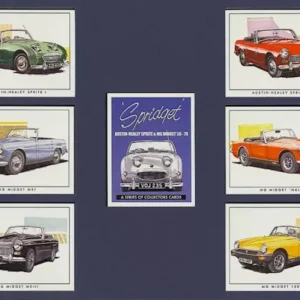 C131 Spridget Modern Collectors Card Set (7) G-era ( Sprite 1, Midget Mk I, Midget Mk III, Sprite IV, Midget Mk IV, Midget 1500 Mk V. )
