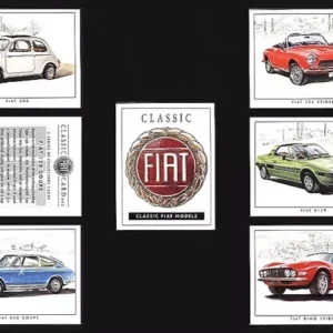 C132 Classic Fiat Modern Collectors Card Set (7) G-era ( 500, 850 Coupe, Dino Spider, 130 Coupe, 124 Spider, X1/9, Title Card. )
