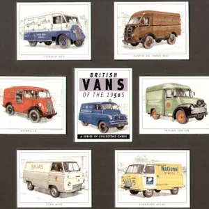 C138 British Van of the 1950s modern Collectors Card Set (7) G-era ( Austin K8 ‘Three-Way’,Commer Q25 (Q-Type),Trojan Senior,Morris JB,Ford 400E Thames,Standard Atlas,Bedford CA (centre card)