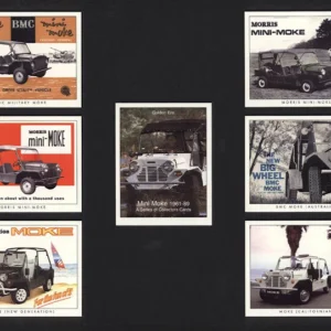 C185 Mini-Moke 1961-89 Modern Collectors Card Set (7) G-era ( Morris Mini-Moke, BMC Mini-Moke (Military Version), BMC Mini-Moke ('Big Wheel' Australian Model), Morris Mini-Moke, Mini-Moke Californian, Mini-Moke (New Generation)