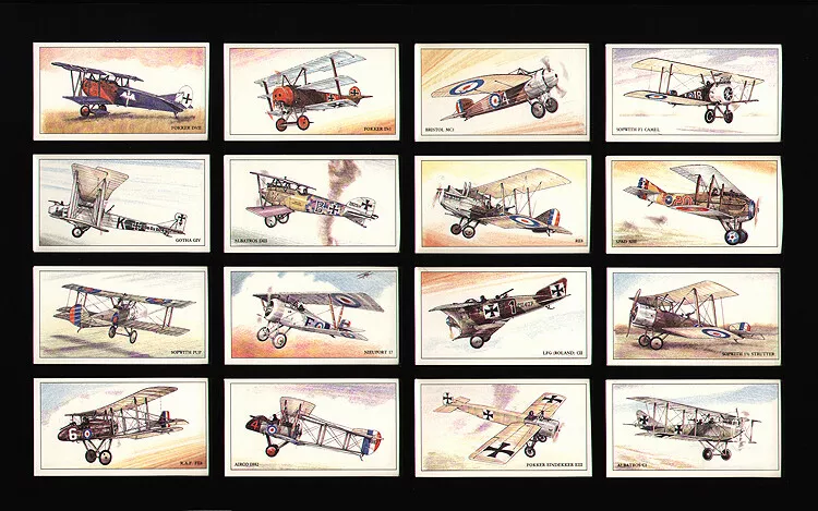 C27 Aircraft of the First World War Modern Collectors Card Set (24) ( 1. Maurice Farman MF7, 2. Etrich Taube, 3. BE2a, 4. Morane-Saulnier Type L, 5. Sopwith Tabloid, 6. Morane-Saulnier N, 7. Vickers FB5, 8. Short Type 184, 9. Albatros C1, 10. Fokker Eindekker EIII, 11. Airco DH2, 12. R.A.F. FE8, 13. Sopwith 1 1/2 Strutter, 14. LFG (Roland) CII, 15. Nieuport 17, 16. Sopwith Pup, 17. SPAD XIII, 18. RE8, 19. Albatros DIII, 20. Gotha GIV, 21. Sopwith F1 Camel, 22. Bristol MC1, 23. Fokker Dr1, 24. Fokker DVII )