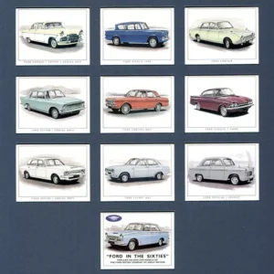 C50 Ford in the Sixties Modern Collectors Card Set (10) G-era ( Cortina MkI, Consul/Zephyr/Zodiac MkII, Anglia 105E, Corsair, Zephyr/Zodiac MkIII, Cortina MkII, Classic and Capri, Zephyr/Zodiac Mk IV, Escort MkI, Popular and Prefect. )