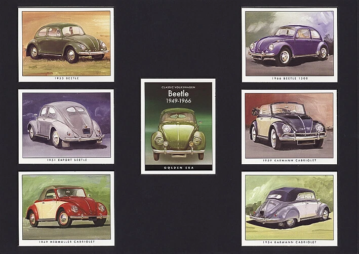 C77 Volkswagen Beetle 1949-66 Modern Collectors Card Set (7) ( 1. 1949 Hebmuller Cabriolet, 2. 1951 Export Saloon (Split Window), 3. 1953 Export Saloon (Oval Window), 4. 1954 Karmann Cabriolet, 5. 1959 Karmann Cabriolet, 6. 1966 1500cc. )