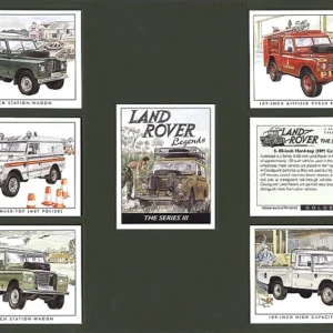 C99 Land-Rover Legends Series III Modern Collectors Card Set  (7)  ( 88-inch, 109-inch Hard top (Met Police), 109-inch Station Wagon, 109-inch Airfield Crash Rescue (Royal Air Force), 88-inch Hard-top (HM Coastguard), 109-inch High Capacity Pick-up. )