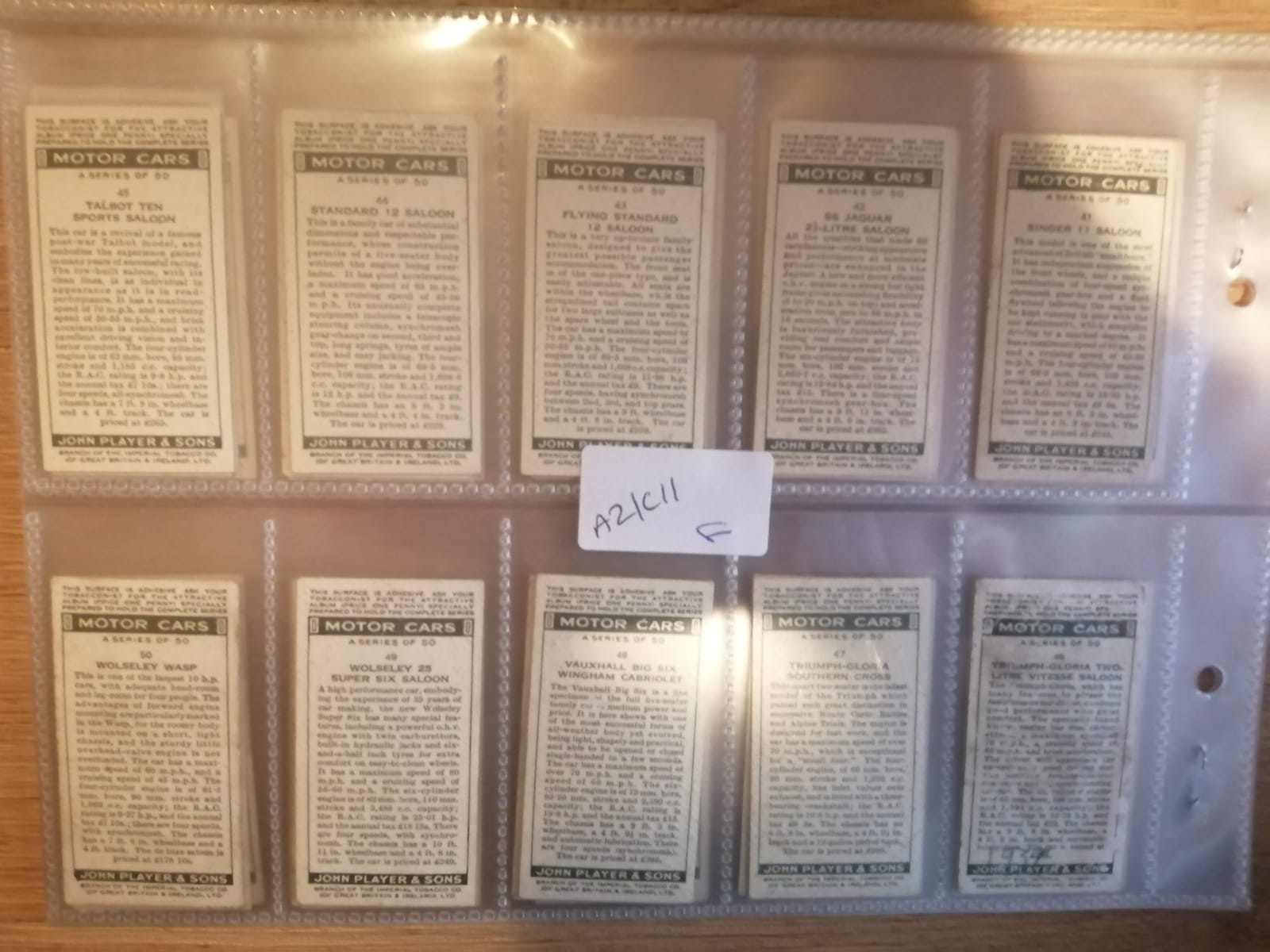 AZ1/C11 Motor Cars A Series 1936 John Player & sons Full Cigarette card set