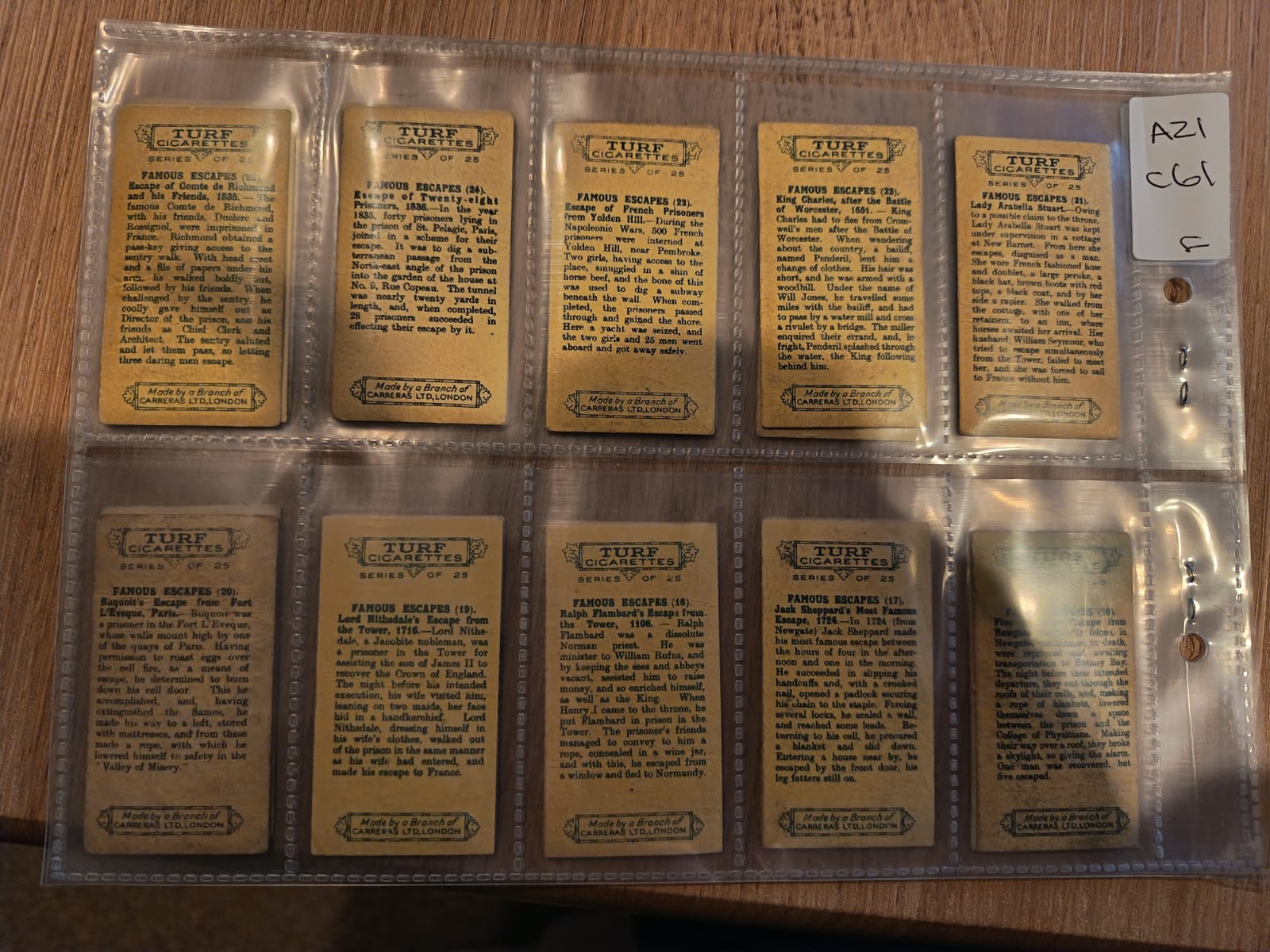 AZ1/C61 Famous Escapes 1926 Turf / Carreras Full Cigarette card set