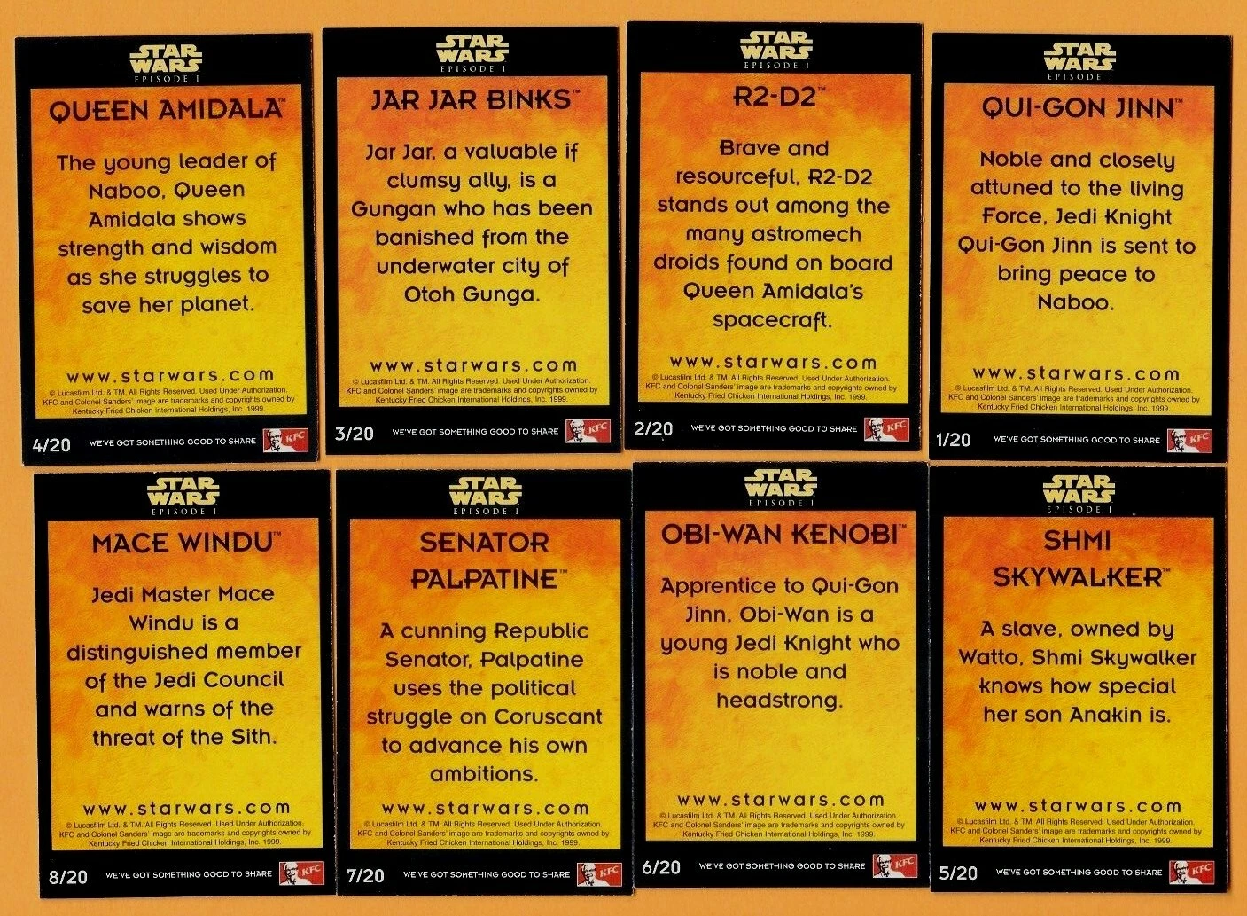 AZ1/C53 Star Wars Episode one KFC / Kentucky fried chicken Full collector card set 1999