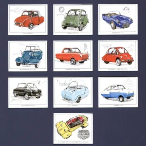 C101 Micro & Bubble Cars Modern Collectors Card Set (10) G-era ( Berkeley T60, BMW Isetta, Fuldamobil, Heinkel/Trojan 200, Meadows Frisky, Messerschmitt KR, Nobel 200, Peel Trident, Zundapp Janus. )