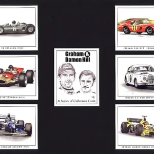 C108 Graham & Damon Hill - 'Tough Guys' Modern Collectors Card Set (7) G-era ( 1962 BRM V8 G Hill, 1963 Ferrari GTO G Hill, 1968 Lotus 49 G Hill, 1962 Jaguar MkII (Coombes) G Hill, 1996 Williams FW18 D Hill, 1998 Jordan 199 D Hill. )