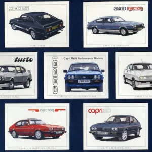 C154 Ford Capri MkIII Performance Models Modern Collectors Card Set (7XL) G-era ( 3000S 1978-81, 2.8 Injection 1981-84, Zakspeed Turbo 1981-82, 2.8T "Tickford" 1983-86, 2.8 Injection Special 1984-86, 280 "Brooklands" 1986. )