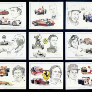 C48 Grand Prix Greats Modern Collectors Card Set (10) G-era ( Juan Manuel Fangio, Mike Hawthorn, Stirling Moss, Graham Hill, Jim Clark, John Surtees, Jochen Rindt, Gilles Villeneuve, Ayrton Senna. )