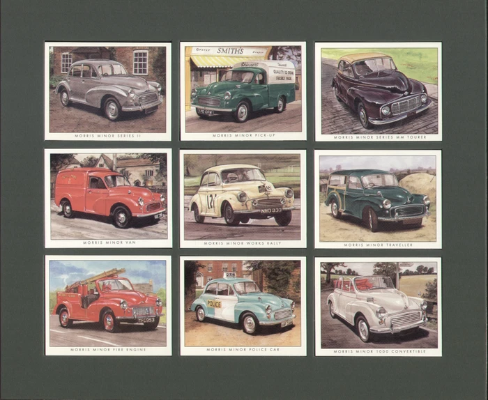C70 Morris Minor 50 Years Modern Collectors Card Set (9) G-era ( Morris Minor Series II, Morris Minor Pick-up, Morris Minor Series MM Tourer, Morris Minor Van, Morris Minor Works Rally, Morris Minor Traveller, Morris Minor Fire Engine, Morris Minor Police Car, Morris Minor 1000 Convertible. )